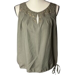 ELLE Olive Green Studded Blouse Women Medium Sleeveless Keyhole Drawstring Hem